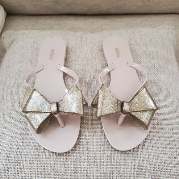 Melissa Harmonic Bow Flip Flops Beige/Gold Glitter Sz 8 - Picture 2 of 11